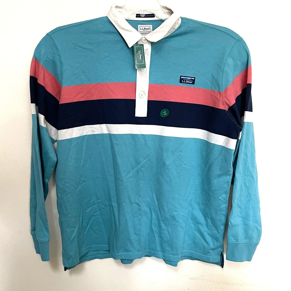 LL Bean Mens Vintage Soft Rugby Shirt Dusty Teal XXL Tall Chest Stripe 522589